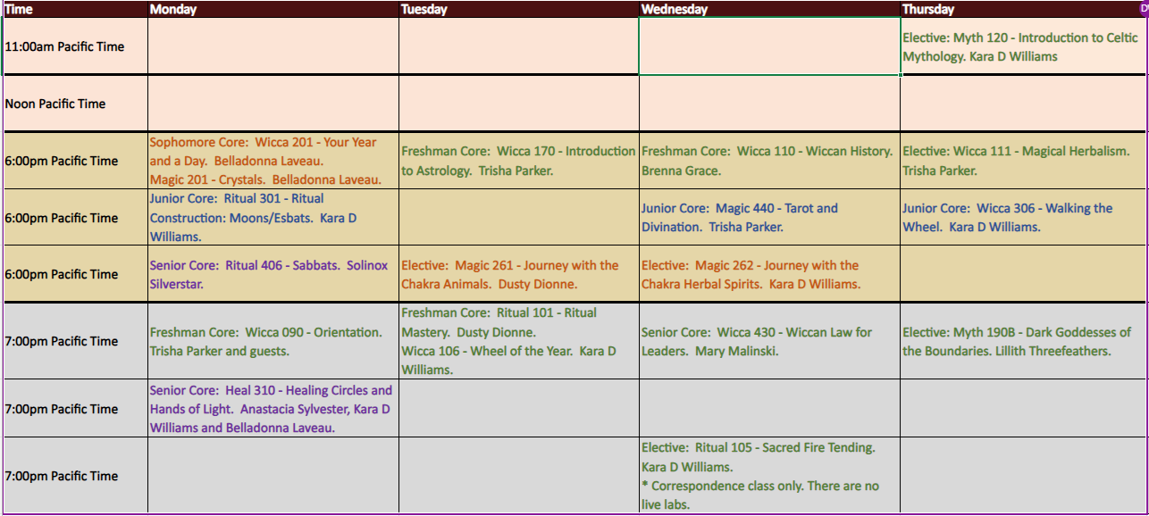 Schedule 2024 showing classes